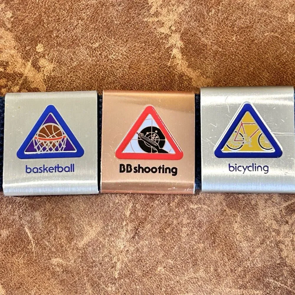 Cub Scout Belt with solid brass buckle Loop Slides Merit Badges. 19 Pieces USA